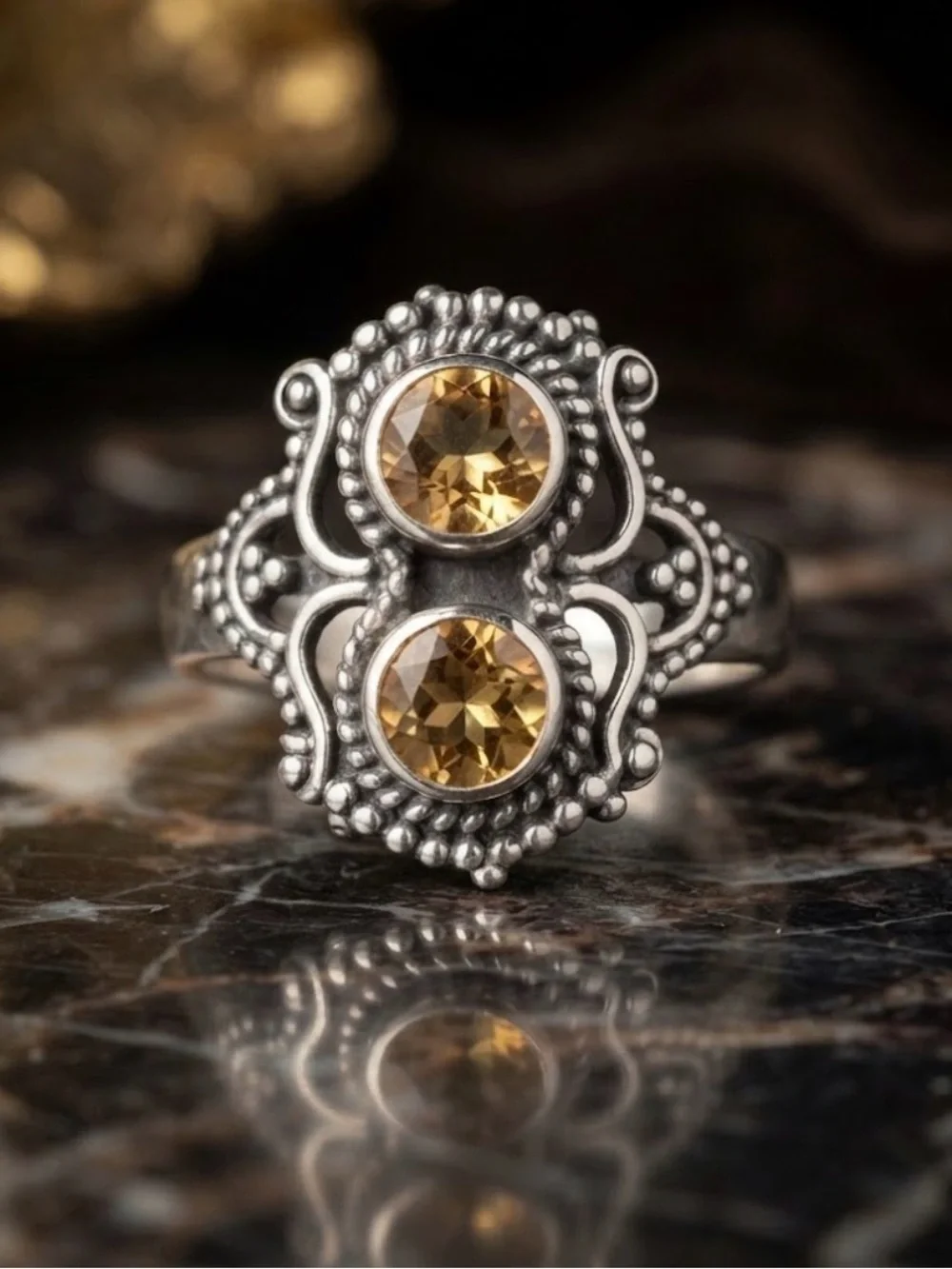 925 Sterling Silver Double Citrine Statement Ring